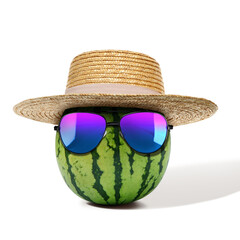 Watermelon with straw hat and sunglasses on white background