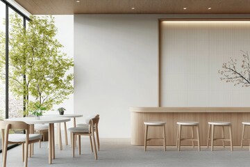 Modern interior design of a cafe with large windows overlooking greenery in a tranquil setting