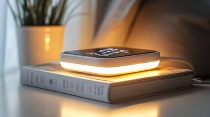 Illuminated digital clock on bedside table.