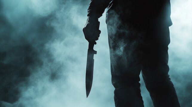 A silhouette of a person holding a knife, great for crime scene or thriller illustrations