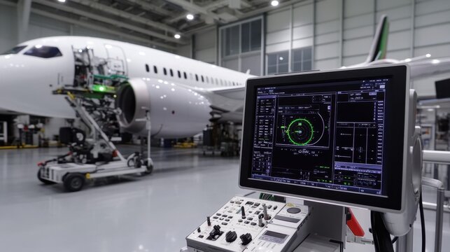 Close-up of aircraft systems being tested, diagnostic equipment displaying data, technician performing checks on avionics, maintenance station, modern aircraft workshop