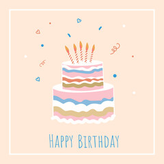 Vector Happy Birthday trendy Greeting Card with cake and typography design. Festive universal elegant artistic template. For poster, business card, invitation, flyer, banner, email header	
