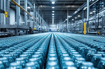 Obraz premium Vast production line view of glass bottles in a factory setting, emphasizing the symmetry and efficiency of modern industrial manufacturing processes.