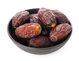 Tasty dried dates in bowl isolated on white