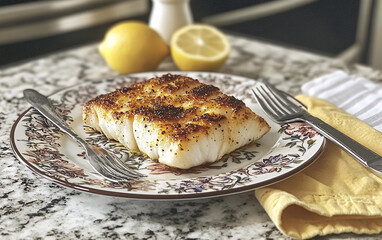 Elegant Baked White Fish Fillet with Lemon Garnish on Decorative Plate for Culinary and Food Photography Themes