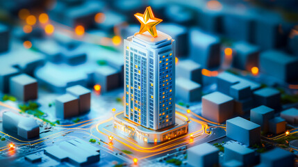 3D golden star above high building , rating golden star hotel .