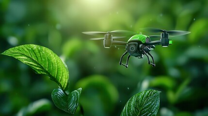A small drone flying over lush green leaves, showcasing innovation in nature and technology integration.