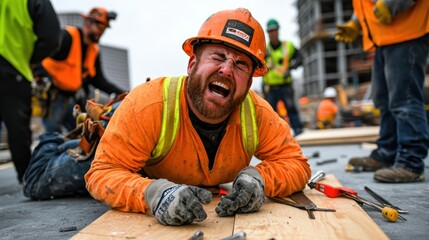 Construction worker struggles on job site in pai emotional content captured amid busy environment