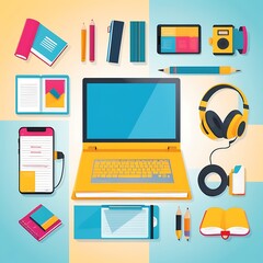 Colorful Flat Lay of Laptop and School Supplies