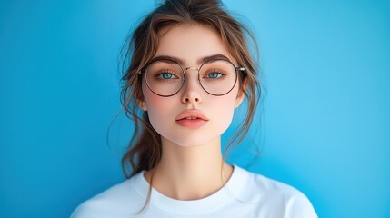 Fototapeta premium Young woman with mesmerizing blue eyes wearing round glasses against a vibrant blue background showcasing modern style and confidence