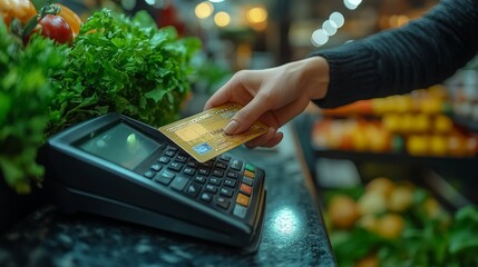 A customer using a digital payment method at a grocery store checkout during the day