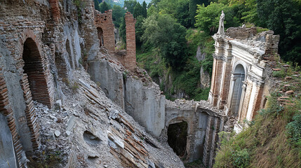 Fototapeta premium A ruined basilica with its foundation cracked and leaning precariously into a ravine.