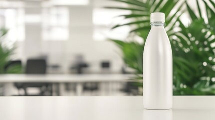 reusable water bottle placed on clean white desk with blurred office equipment and green plants in background