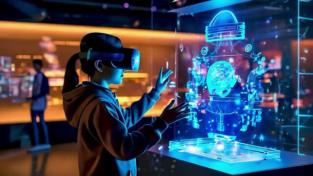 a person wearing a VR headset and interacting with a hologram