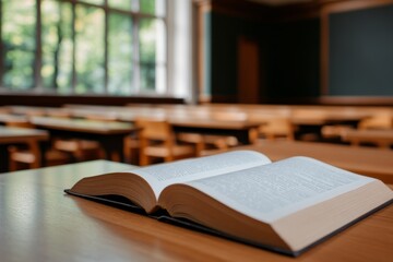 Open book on a desk in a quiet classroom with sunlight streaming through the windows