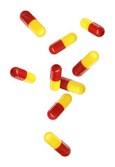 Antibiotic pills in air on white background