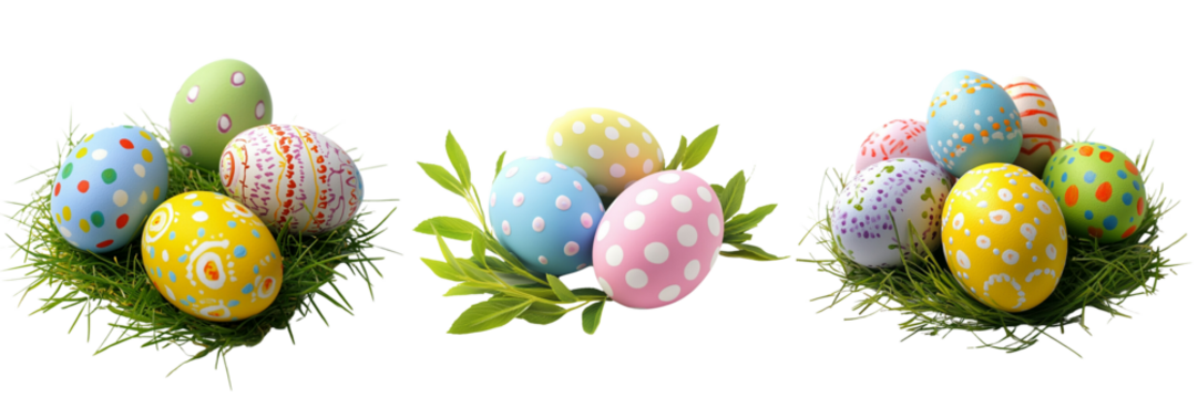 Set of A close-up view of a basket filled with colorful handmade painted Easter eggs on transparent png background