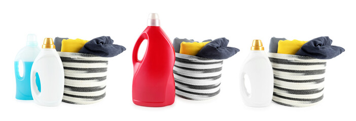Laundry detergent, fabric softener and basket with clothes on white background, set