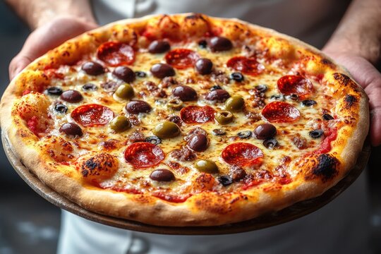 A person grasping a slice of pizza topped with pepperoni and olives, suitable for food or lifestyle imagery