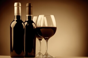 Elegant Wine Bottles and Glasses in Warm Sepia Tone for Sophisticated Dining Themes