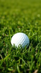 Fototapeta premium White golf ball sitting on vibrant green grass, isolated from the background, competition