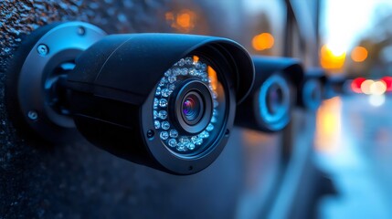 A row of security cameras are mounted on a wall