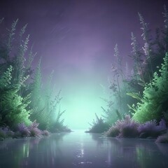 Ethereal green background featuring soft pastel purple undertones and subtle neon accents, generating an aura of serenity and peace, pastel color scheme, calming ambiance, soothing landscape