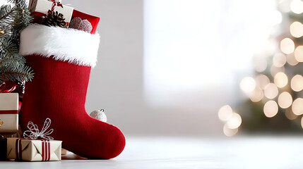 A red stocking sits on a table next to a Christmas tree and presents