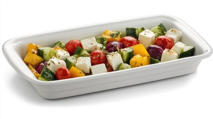 Fresh Greek Salad with Feta, Olives, and Colorful Vegetables in a White Dish