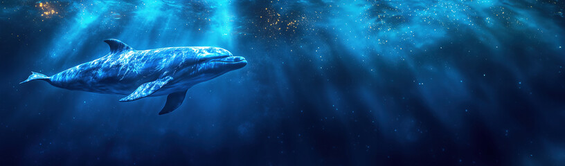 Fototapeta premium Blue Dolphin Swimming Underwater in Clear Deep Blue Ocean With Light God Rays Banner. Copyspace for Text