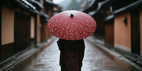 雨の日に赤い傘を持って古い街並みを歩く人