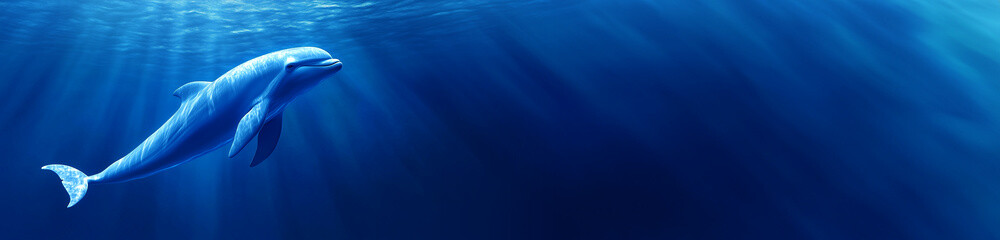 Fototapeta premium Blue Dolphin Swimming Underwater in Clear Deep Blue Ocean With Light God Rays Banner. Copyspace for Text