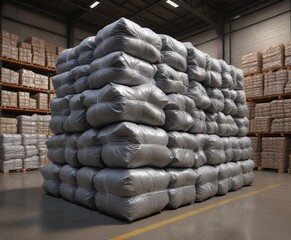 Giant stack of plastic trash bags rolls in warehouse, bags in warehouse, environment