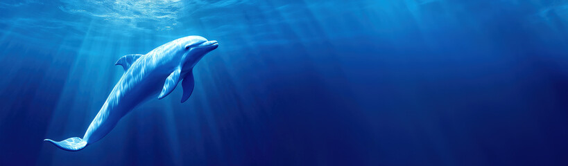 Fototapeta premium Blue Dolphin Swimming Underwater in Clear Deep Blue Ocean With Light God Rays Banner. Copyspace for Text