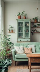 Cozy green living room with plants and vintage furniture offers a serene atmosphere