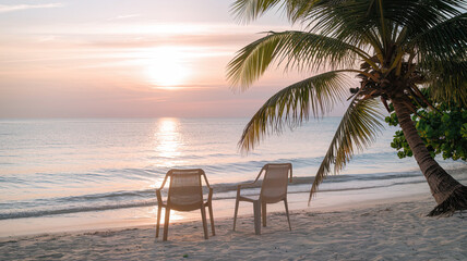 Serene Beach Sunset Scene with Two Chairs Facing Calm Sea, Coconut Tree, Golden Sunlight Reflecting on Water, Soft Pink to Blue Sky Gradient, Tranquil Horizon and Sandy Beach Ambiance