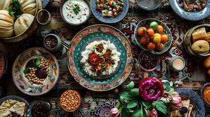 A decorative table setting for Iftar with traditional foods, ornate plates, and a beautiful centerpiece