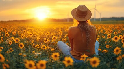 Fototapeta premium Serene Woman in Sunflower Field Gazing at Sunset with Wind Turbines in the Background, Capturing the Essence of Nature and Tranquility