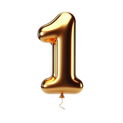 Golden Number 1 Balloon, Shiny metallic foil balloon shape party decoration, isolated on transparent cutout PNG