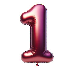 maroon color Number 1 Balloon, Shiny balloon shape party decoration, isolated on transparent cutout PNG