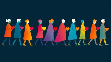 A group of people joyfully walking together, each holding colorful hearts, celebrating love and connection on Valentine's Day.