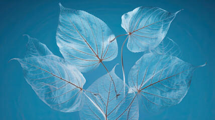 Fototapeta premium Translucent Dried Leaves with Visible Veins and Skeletal Structure Against Vivid Blue Background, Serene and Ethereal Nature Close-Up, Intricate Leaf Details, Nature's Beauty in Decay