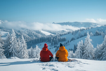Couple enjoying a peaceful winter break while snowshoeing in the mountains