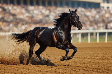 Black colt races with power and grace on the track during an event