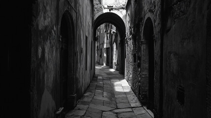 Fototapeta premium A shadowy alley in an ancient city, where the smell of decay is overwhelming, and the only sound is the distant screech of a door opening on its own.
