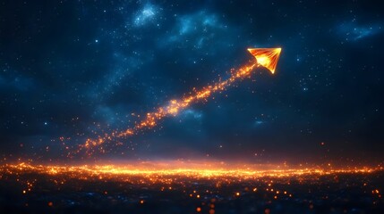 A bright orange kite is flying through the night sky