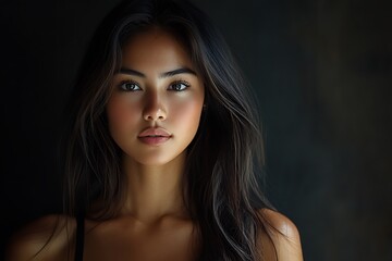 Fototapeta premium Woman Portrait Intense Gaze Long Hair Sun Kissed Skin