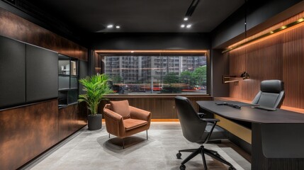 Modern Office Interior Design with Sleek Furniture and Large Window View