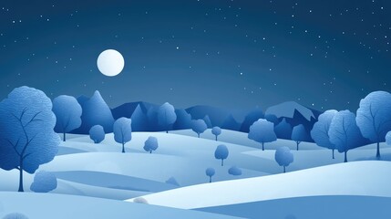 Naklejka premium Serene Moonlit Winter Landscape with Starry Sky and Snow-Covered Trees