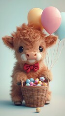 Adorable Baby Highland Cow with Balloons, Holding a Basket Full of Sweets on a Pastel Background